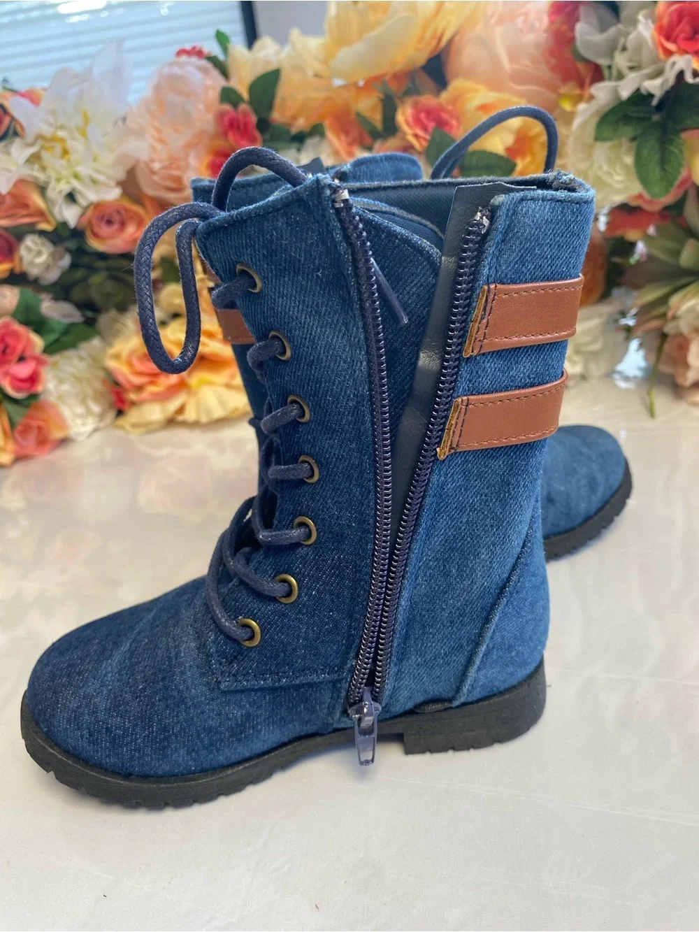 Toddler Denim Moto Lace-Up Boots Side Zip Buckle Blue Size 8